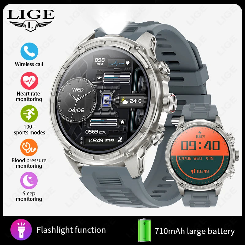 LIGE Men Smart Watch 710mAh Large Battery LED Flashlight Watches 1.85'' HD Screen Bluetooth Call Military Sports Smartwatch Man