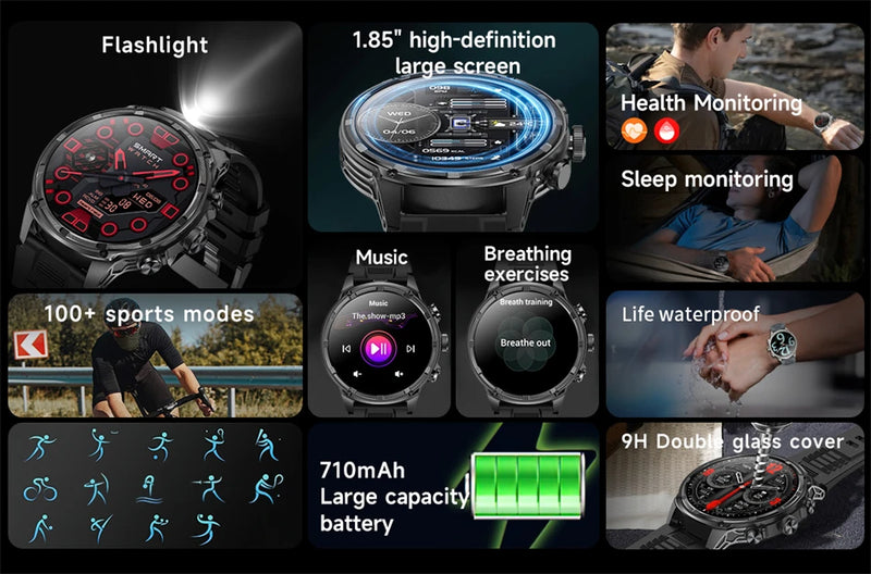 LIGE Men Smart Watch 710mAh Large Battery LED Flashlight Watches 1.85'' HD Screen Bluetooth Call Military Sports Smartwatch Man