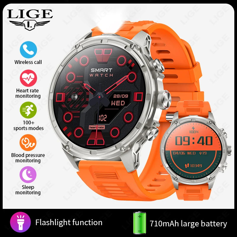 LIGE Men Smart Watch 710mAh Large Battery LED Flashlight Watches 1.85'' HD Screen Bluetooth Call Military Sports Smartwatch Man