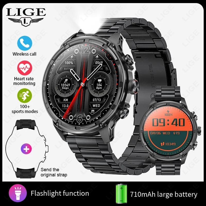 LIGE Men Smart Watch 710mAh Large Battery LED Flashlight Watches 1.85'' HD Screen Bluetooth Call Military Sports Smartwatch Man